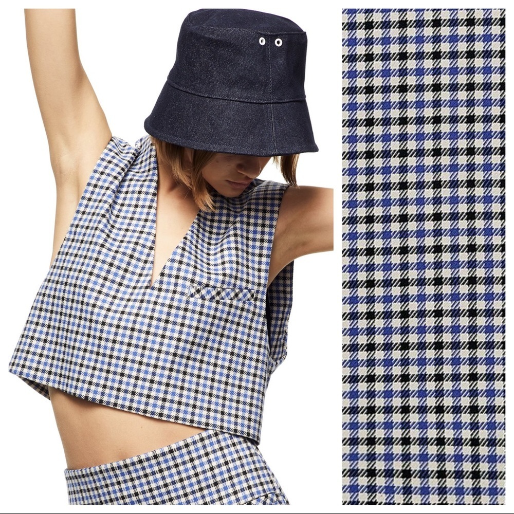 NWT. Zara Cream/Black/Blue Plaid Cropped Top with V-neckline. Size L.